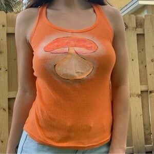 Orange Mushroom Graphic Racerback Tank Top Hand Painted Size S